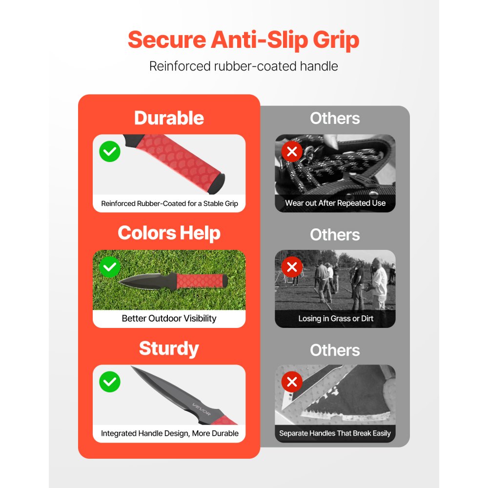 Noże do rzucania VEVOR (pojedyncza głowica) Zestaw 6 szt. 226 mm ze stali nierdzewnej, dobrze wyważone noże z czarną nylonową osłoną ochronną, idealne uzupełnienie do rzucania siekierami, wytrzymałe do użytku rekreacyjnego i zawodów