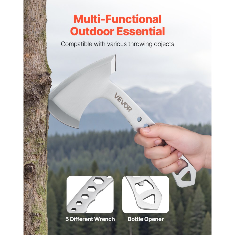 Zestaw toporów i tomahawków do rzucania VEVOR, zawierający 3 topory i 3 noże do rzucania, zestaw produktów do rzucania, uchwyt z kluczem i otwieraczem do butelek, stal nierdzewna, czarna nylonowa pochwa, do zawodów rekreacyjnych