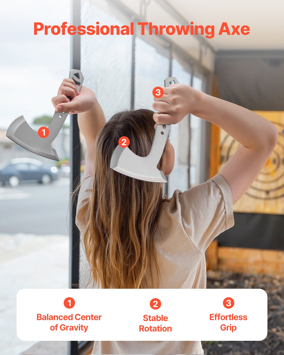 Zestaw toporów i tomahawków do rzucania VEVOR, zawierający 3 topory i 3 noże do rzucania, zestaw produktów do rzucania, uchwyt z kluczem i otwieraczem do butelek, stal nierdzewna, czarna nylonowa pochwa, do zawodów rekreacyjnych