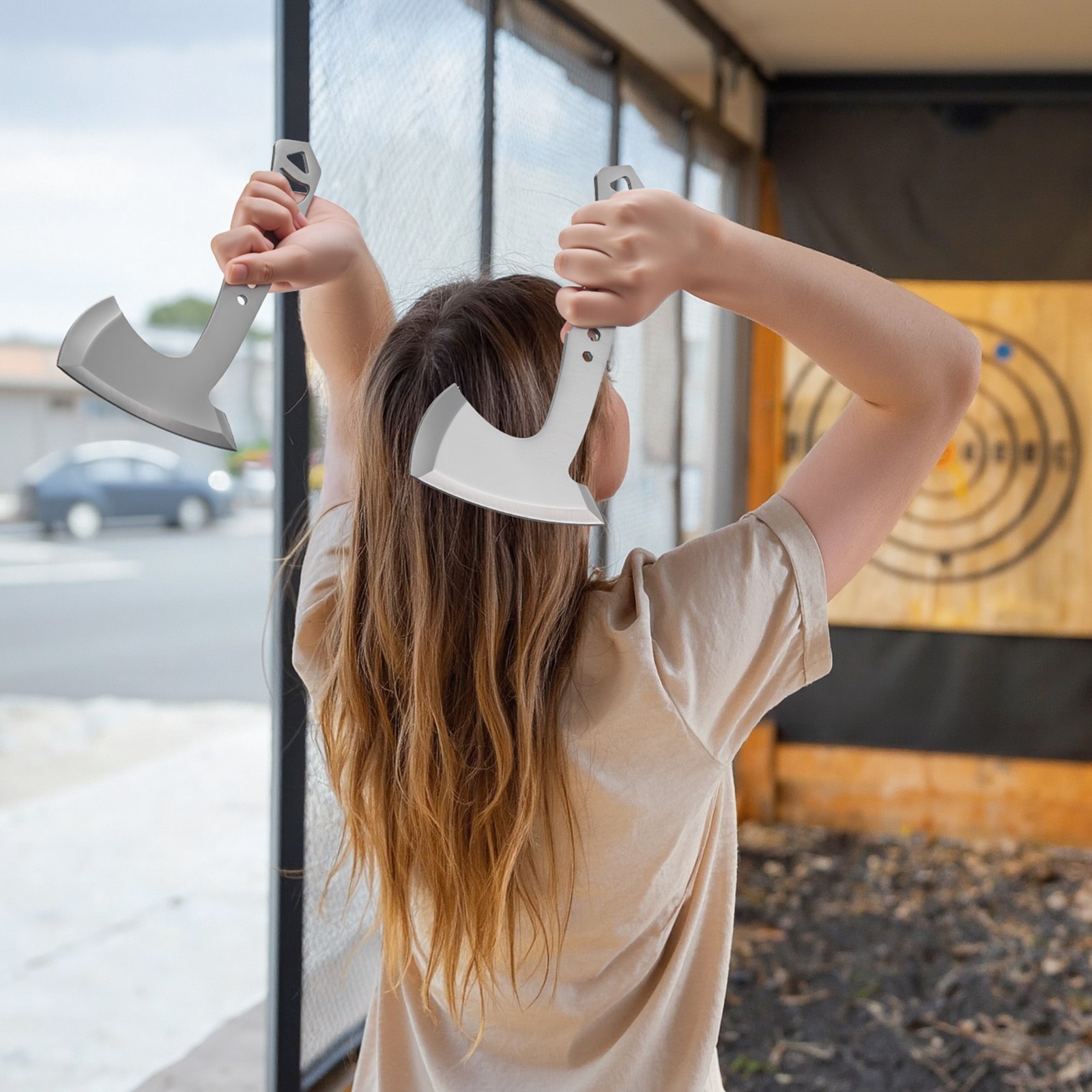 Zestaw toporów i tomahawków do rzucania VEVOR, zawierający 3 topory i 3 noże do rzucania, zestaw produktów do rzucania, uchwyt z kluczem i otwieraczem do butelek, stal nierdzewna, czarna nylonowa pochwa, do zawodów rekreacyjnych