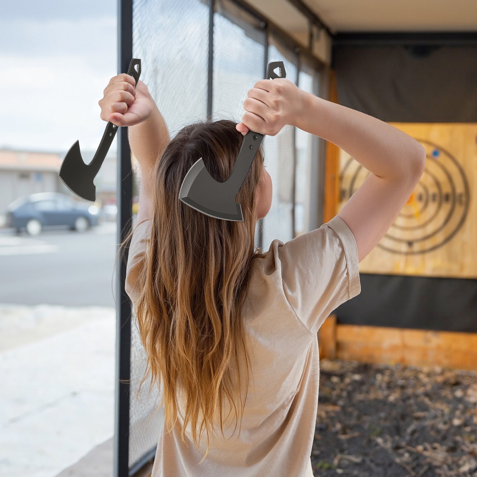 Zestaw siekier i tomahawków do rzucania VEVOR, 3-częściowy, ze stali nierdzewnej, wielofunkcyjny uchwyt z kluczem i otwieraczem do butelek, z czarną nylonową osłoną, do rekreacyjnego uprawiania sportów kempingowych.