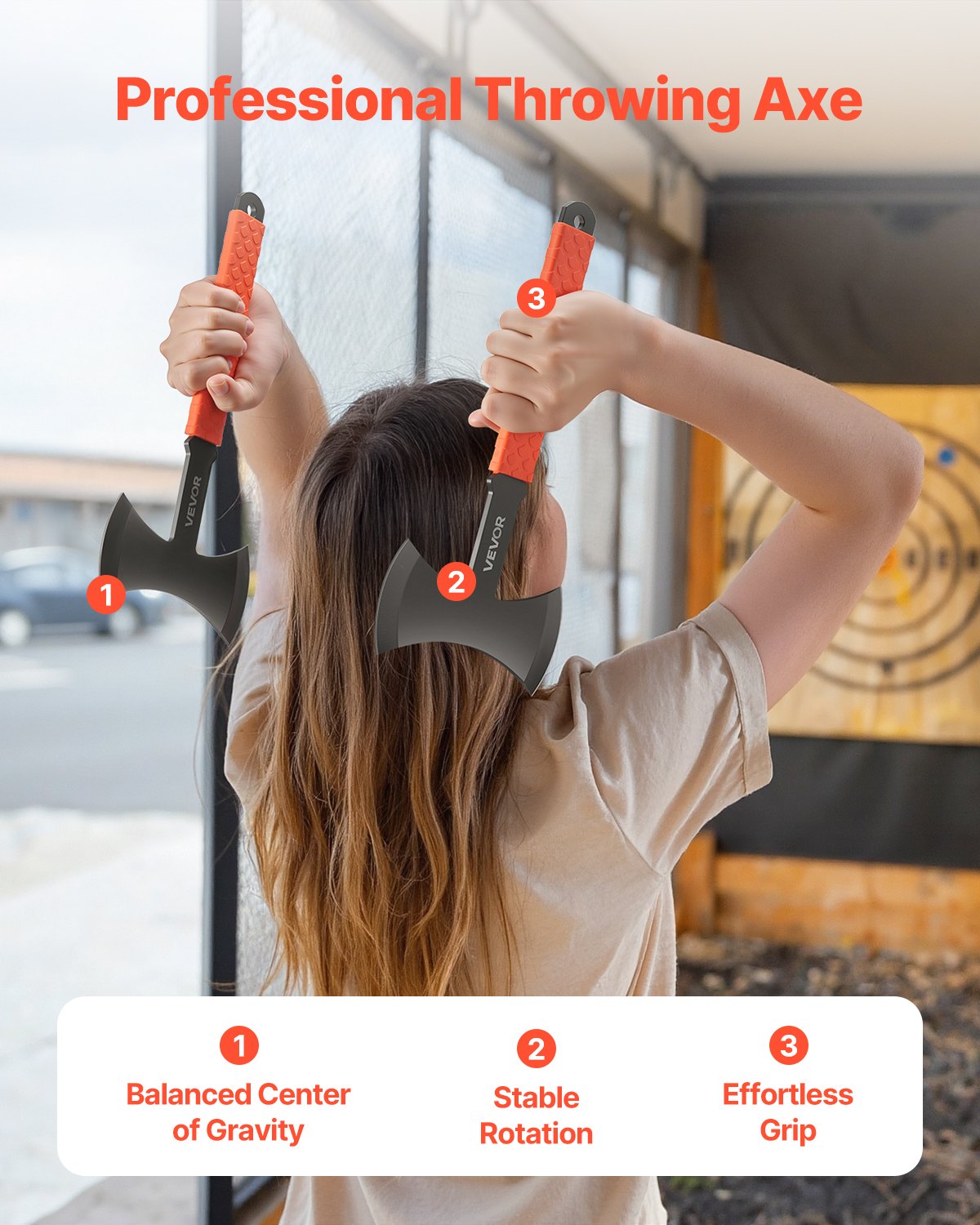 Zestaw siekier i tomahawków VEVOR, 3 części, 302,3 mm, toporek do rzucania z podwójnym ostrzem, głowicą ze stali nierdzewnej, antypoślizgową rękojeścią z gumy TPR i czarną nylonową osłoną, do rekreacyjnego uprawiania sportów kempingowych.