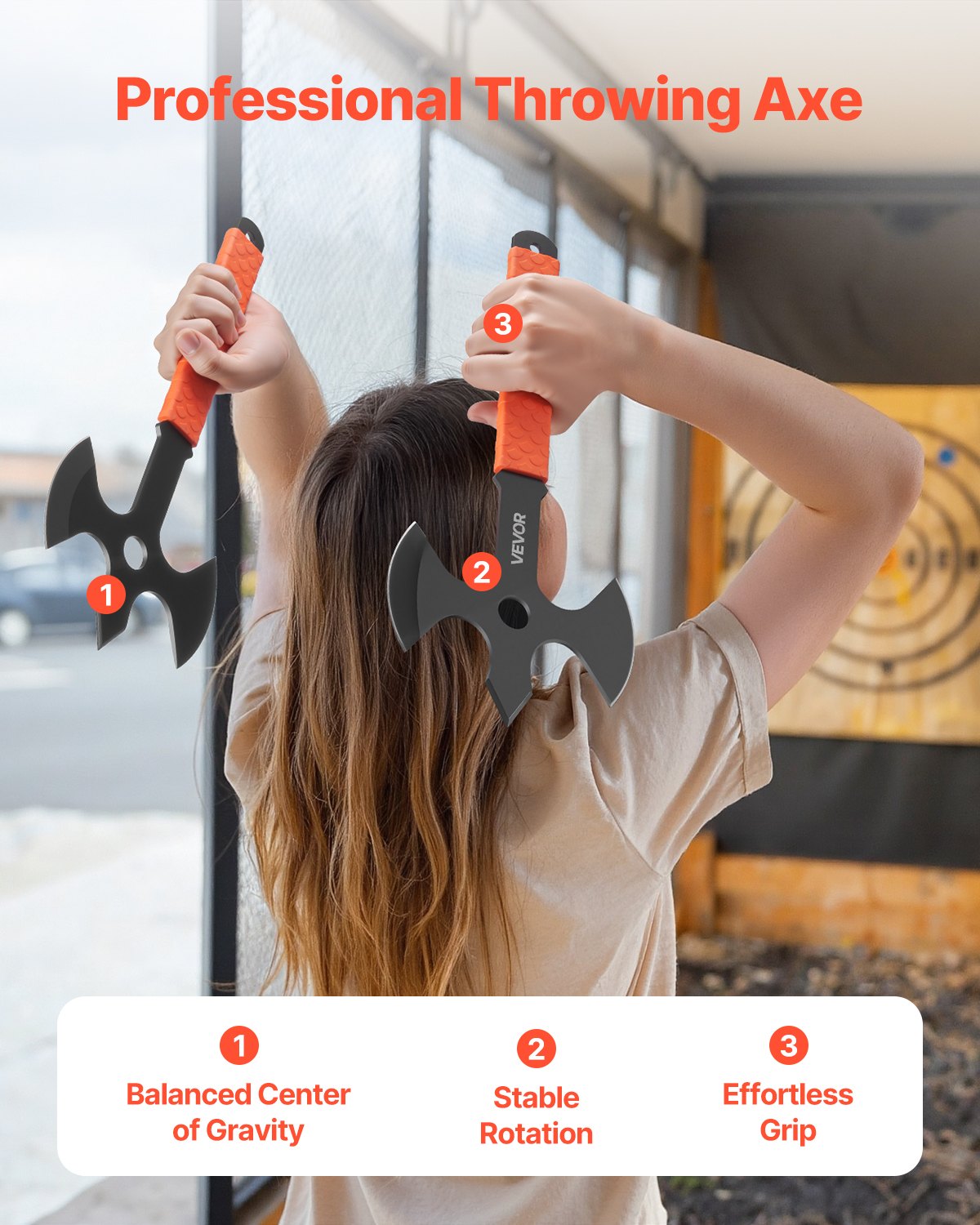 VEVOR Throwing Axes Tomahawks 3-piece Set 340.4 mm Three-edged Throwing Ax Set with Stainless Steel Head & Non-slip TPR Rubber Handle & Black Nylon Sheath, for Leisure, Competition, Camping Equipment