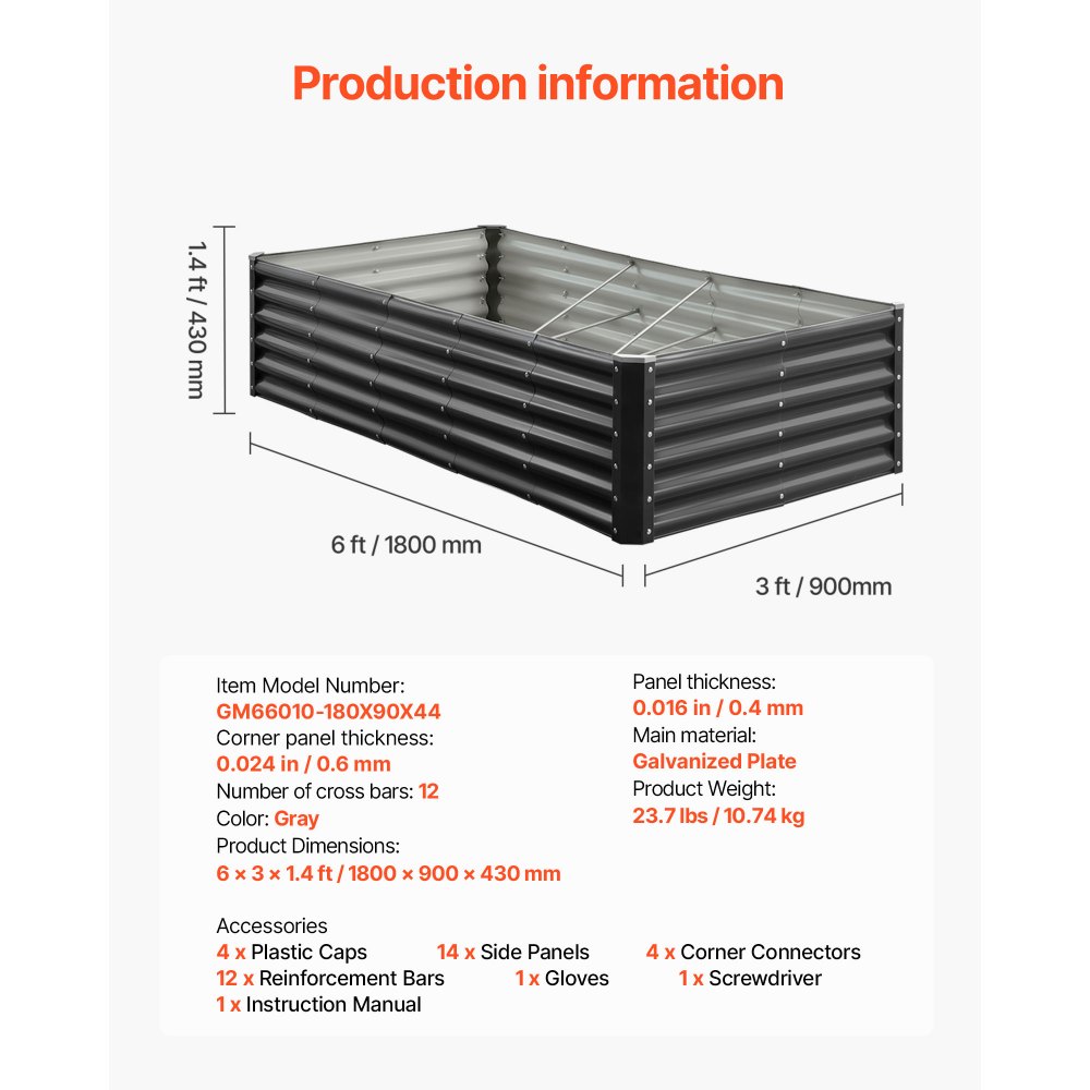 VEVOR Podwyższona grządka ogrodowa, metalowa, 1800x900x430 mm, grządka do sadzenia, grządka warzywna, donica z otwartym dnem i zaokrąglonymi krawędziami, grządka kwiatowa, grządka ziołowa, idealna do warzyw, kwiatów, ziół i sukulentów