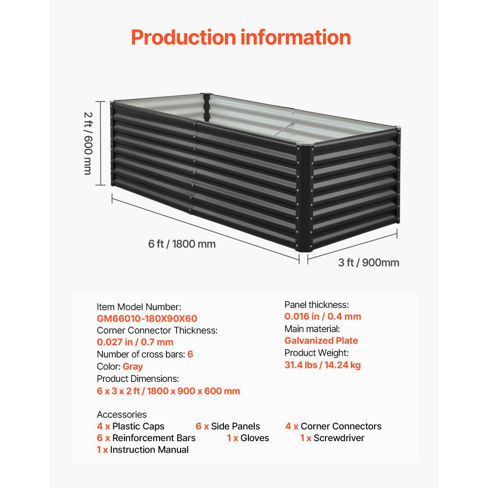 VEVOR Podwyższona grządka ogrodowa, metalowa, 1800x900x600 mm, grządka do sadzenia, grządka warzywna, donica z otwartym dnem i zaokrąglonymi krawędziami, grządka kwiatowa, grządka ziołowa, idealna do warzyw, kwiatów, ziół i sukulentów