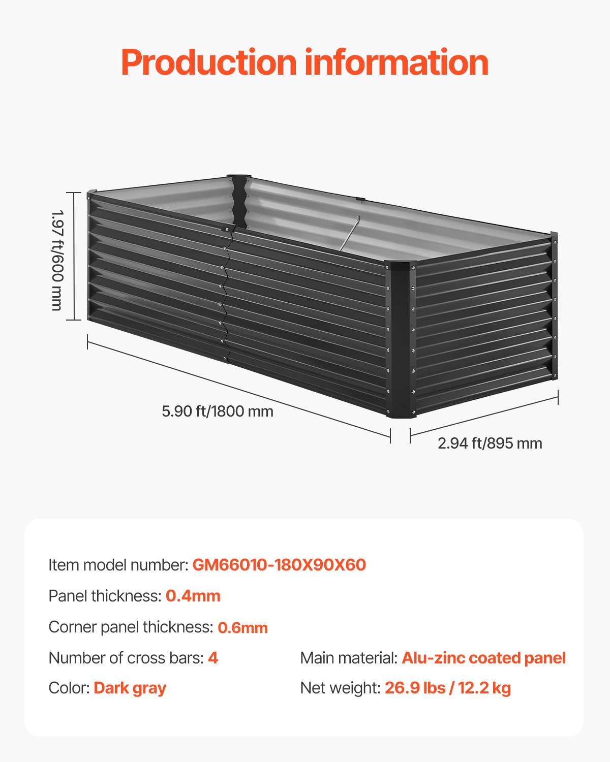 Metalowa podniesiona grządka VEVOR, 1800x895x600 mm, ocynkowana donica ogrodowa z otwartym dnem, duża grządka warzywna do uprawy warzyw, kwiatów, ziół i sukulentów, ciemnoszara