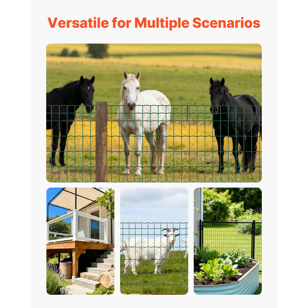 Ogrodzenie ogrodowe VEVOR, 1 x 25 m, rozmiar oczek 5,08 x 10,16 cm, φ2,1 mm, ocynkowany drut stalowy, ogrodzenie dla zwierząt gospodarskich odpowiednie dla bydła, świń i owiec, ogrodzenie pastwiskowe pokryte winylem do wybiegów dla zwierząt, klatek, zielone