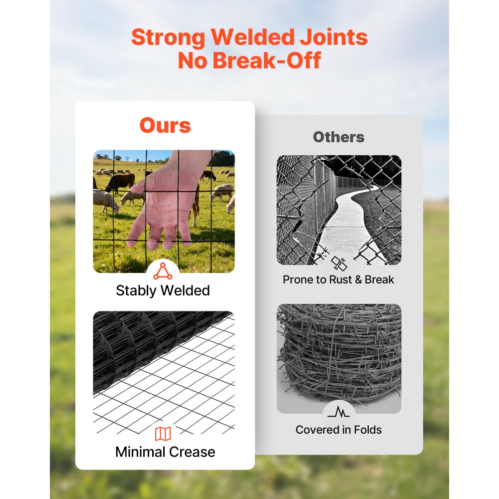 Ogrodzenie ogrodowe VEVOR, 122 cm x 15,2 m, rozmiar oczek 5,08 x 10,16 cm, φ2,25 mm, ocynkowane ogrodzenie z drutu stalowego dla bydła, świń i owiec, ogrodzenie dla zwierząt hodowlanych pokryte winylem, do wybiegów dla zwierząt, drut klatkowy