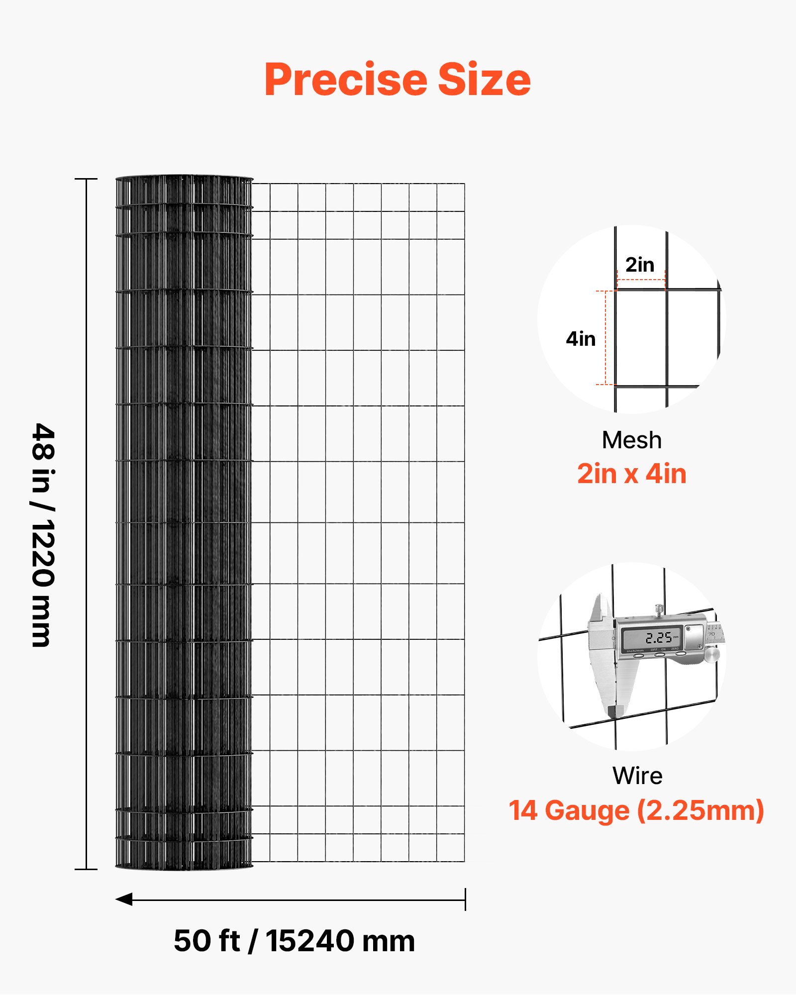 Ogrodzenie ogrodowe VEVOR, 122 cm x 15,2 m, rozmiar oczek 5,08 x 10,16 cm, φ2,25 mm, ocynkowane ogrodzenie z drutu stalowego dla bydła, świń i owiec, ogrodzenie dla zwierząt hodowlanych pokryte winylem, do wybiegów dla zwierząt, drut klatkowy