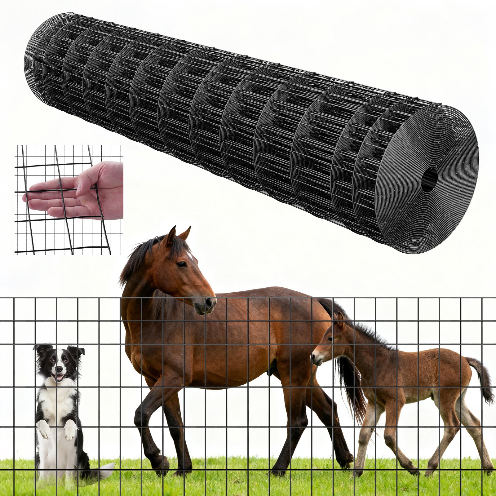 Ogrodzenie ogrodowe VEVOR, 122 cm x 15,2 m, rozmiar oczek 5,08 x 10,16 cm, φ2,25 mm, ocynkowane ogrodzenie z drutu stalowego dla bydła, świń i owiec, ogrodzenie dla zwierząt hodowlanych pokryte winylem, do wybiegów dla zwierząt, drut klatkowy