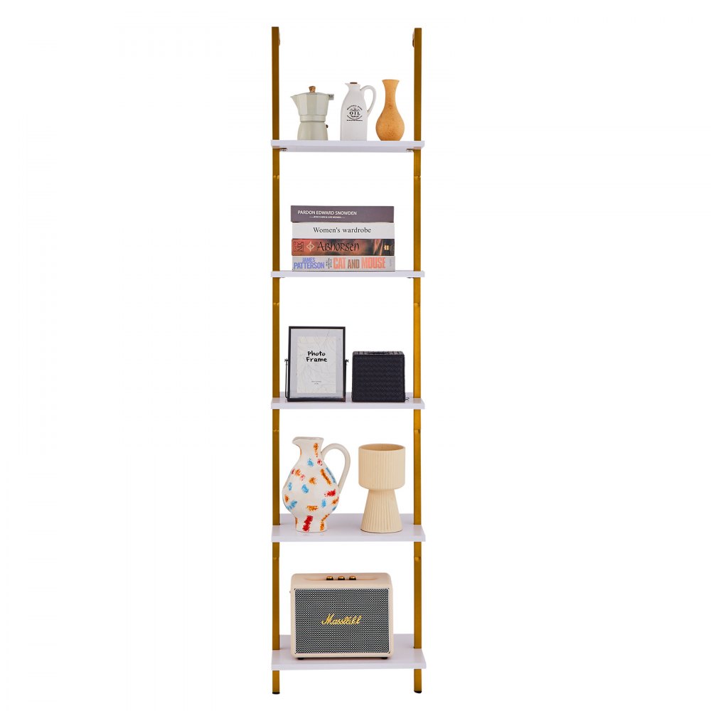 VEVOR Ladder Shelf with Metal Frame, 5 Tiers, Wall-Mounted Bookshelf, 40 x 30 cm, Floating Shelf, Storage Shelf, Small Parts Holder for Kitchen, Bedroom, Bathroom, Living Room, Gold White