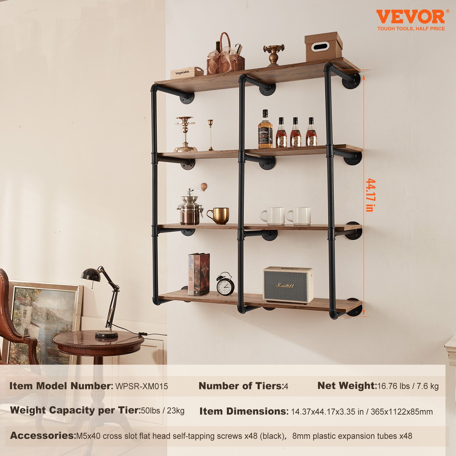 VEVOR Industrial Pipe Shelf, 4 Tiers, 3-Piece, 11.8 Inches Applicable Board Width, Wall Mounted, Floating Rustic Wooden Shelves, Storage Holder (Boards NOT Included)