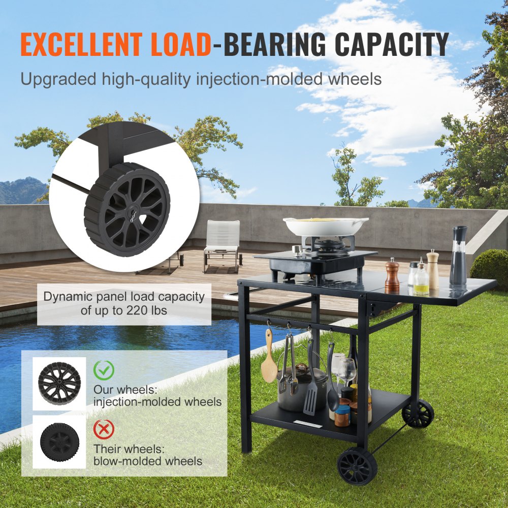 Wózek kuchenny VEVOR do serwowania, 97,2 x 64 x 75,5 cm, wózek do grillowania na zewnątrz, z podwójnymi półkami, ruchomy stół do grillowania, wielofunkcyjny blat z żelaza, czarny