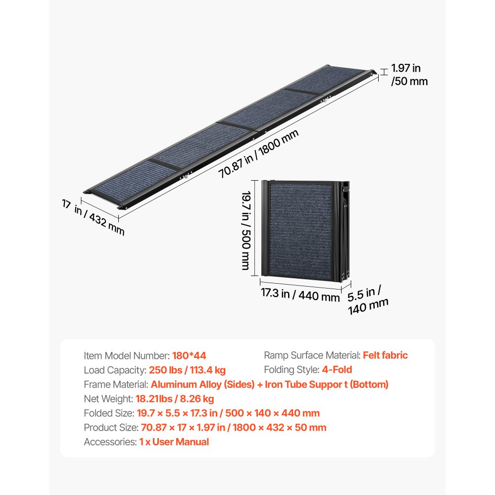 Rampa dla psa VEVOR, 180 x 43,2 cm, składana rampa samochodowa dla psów średnich i dużych psów do 113 kg, schody dla psa z antypoślizgową powierzchnią z filcu, przenośna pomoc w wejściu do SUV-ów i ciężarówek