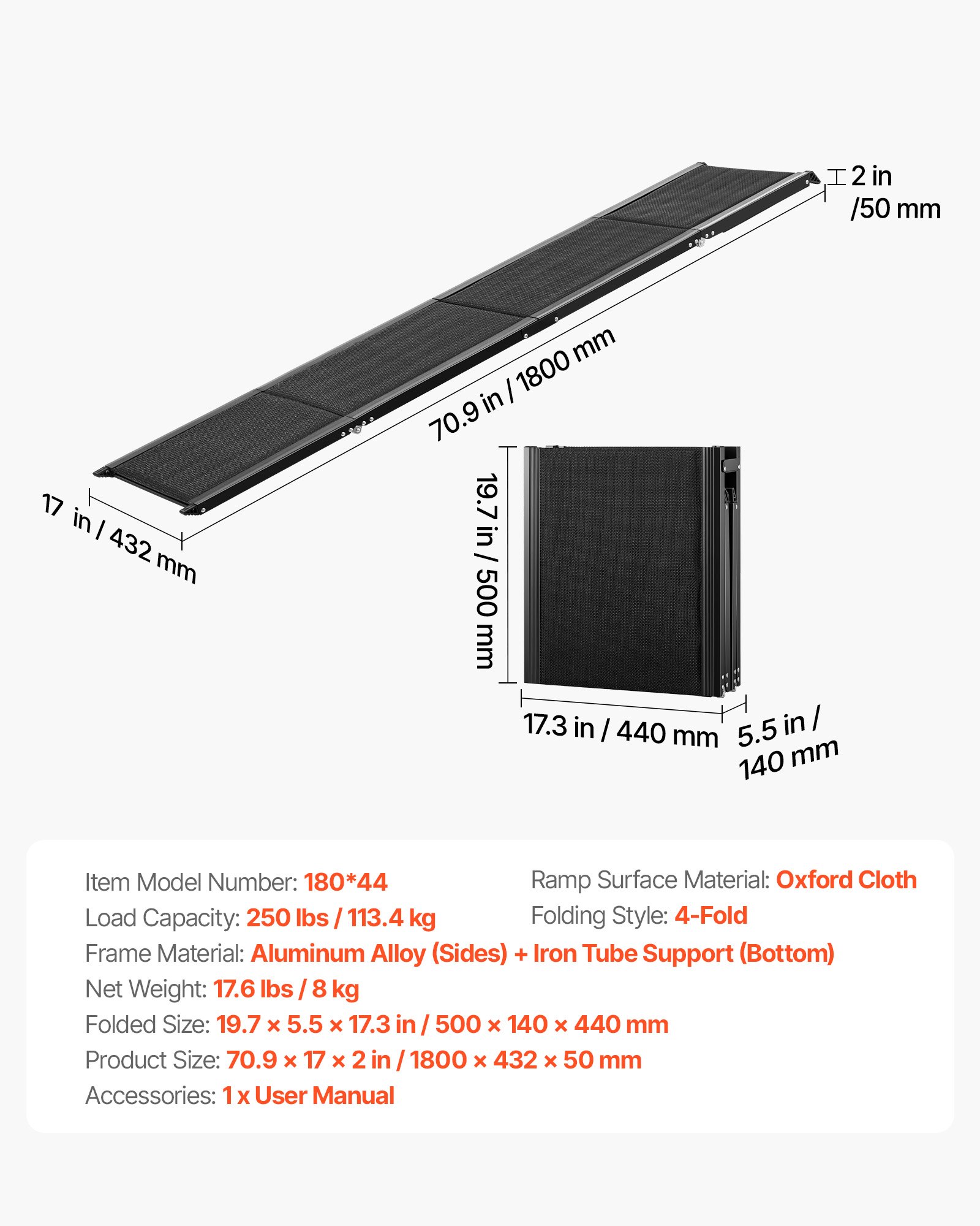Rampa dla psa VEVOR, 180 x 43,2 cm, składana rampa samochodowa dla psów średnich i dużych psów do 113 kg, pomoc w wejściu z antypoślizgową powierzchnią z tkaniny Oxford, przenośne schody dla psów do SUV-ów i ciężarówek