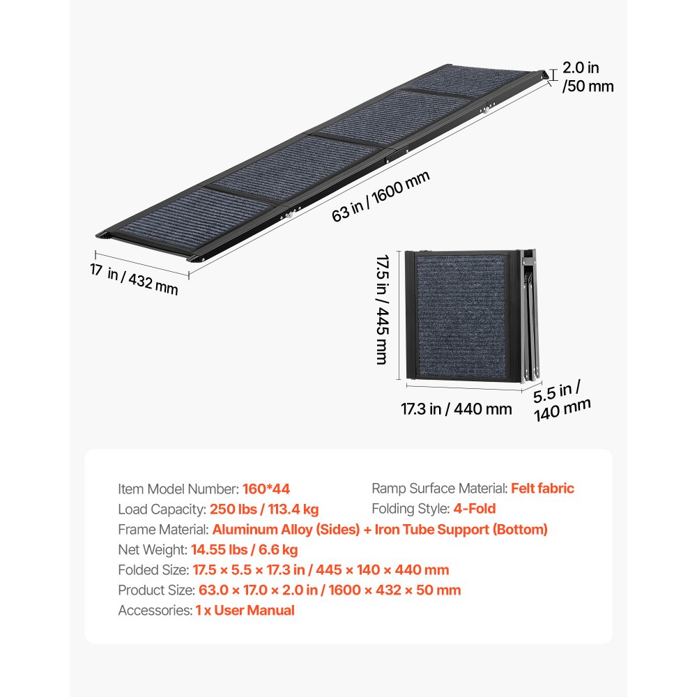 Rampa dla psa VEVOR, 160 x 43,2 cm, składana rampa samochodowa dla psów średnich i dużych psów do 113 kg, schody dla psa z antypoślizgową powierzchnią z filcu, przenośna pomoc w wejściu do SUV-ów i ciężarówek