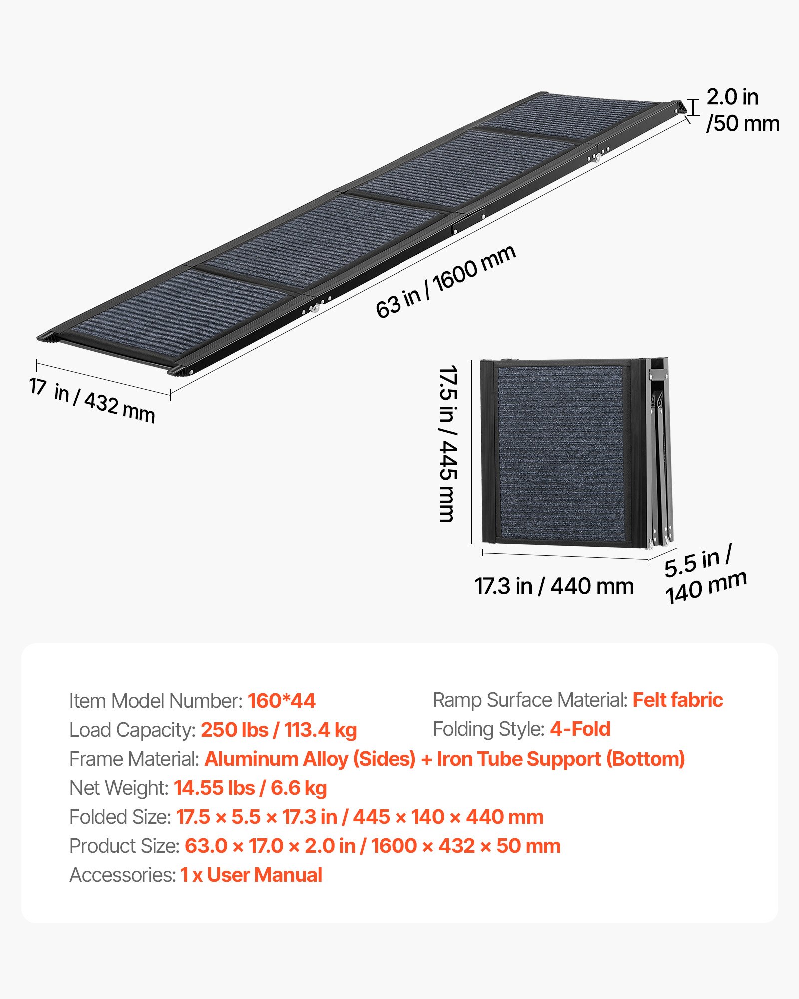 Rampa dla psa VEVOR, 160 x 43,2 cm, składana rampa samochodowa dla psów średnich i dużych psów do 113 kg, schody dla psa z antypoślizgową powierzchnią z filcu, przenośna pomoc w wejściu do SUV-ów i ciężarówek