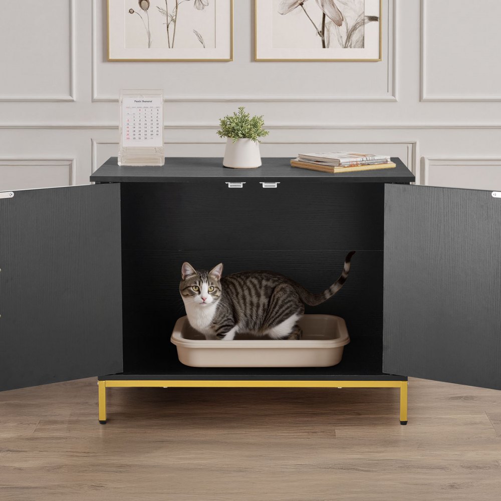 VEVOR Cat Litter Box Enclosure Furniture, 70 cm Hidden Litter Box Cabinet with Metal Legs & Handle, Modern Style Cat Washroom House End Table, Fit Most of Litterbox, for Bedroom Living Room