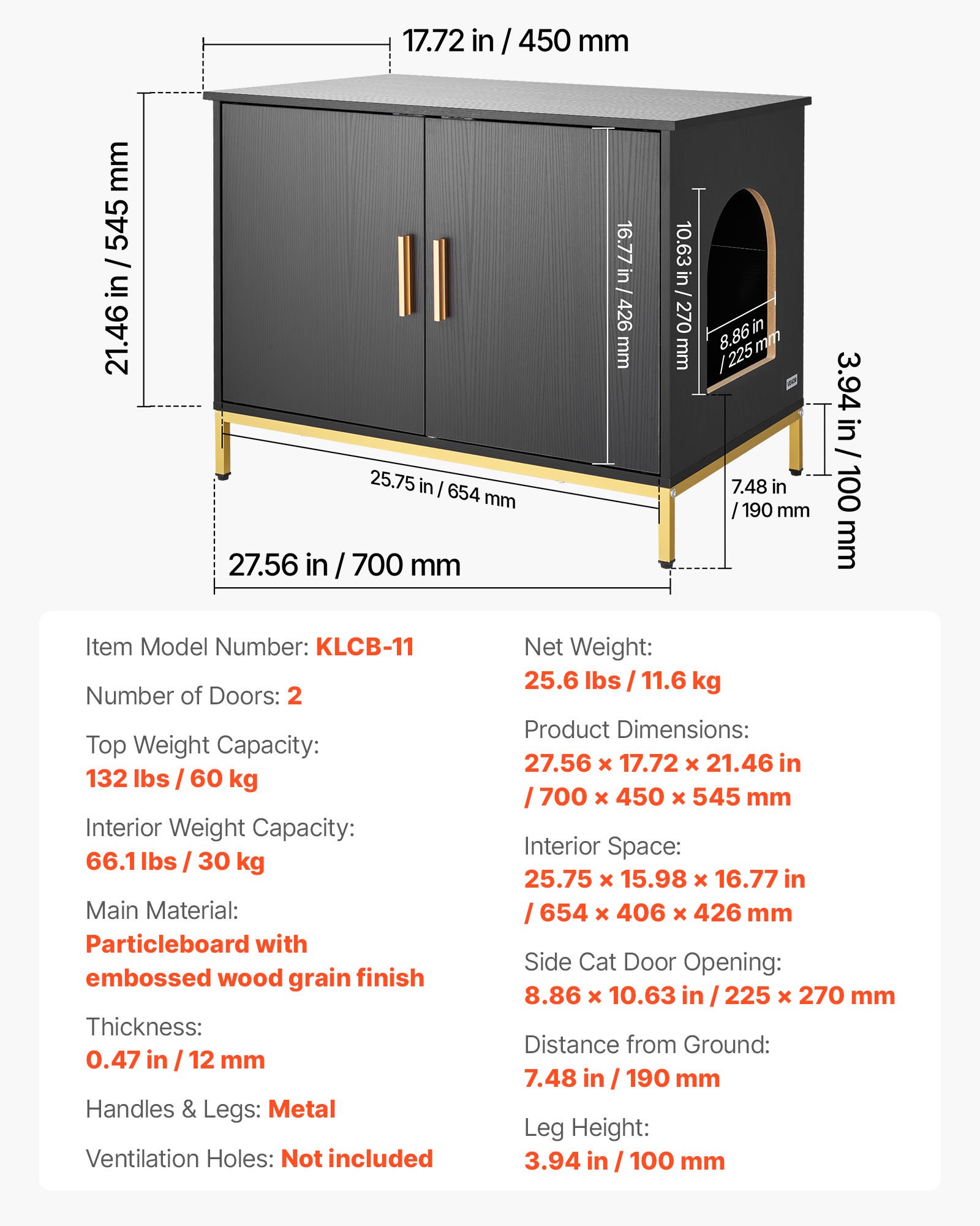 Szafka dla kota VEVOR, 700x450x545 mm, kuweta dla kota z metalowymi nogami i uchwytem, ​​szafka na kuwetę dla kota, domek dla kota, pasuje do większości kuwet, do sypialni i salonu, czarny