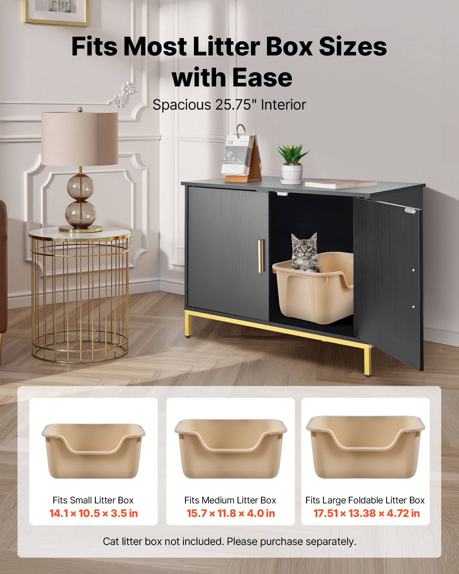 VEVOR Cat Litter Box Enclosure Furniture, 70 cm Hidden Litter Box Cabinet with Metal Legs & Handle, Modern Style Cat Washroom House End Table, Fit Most of Litterbox, for Bedroom Living Room