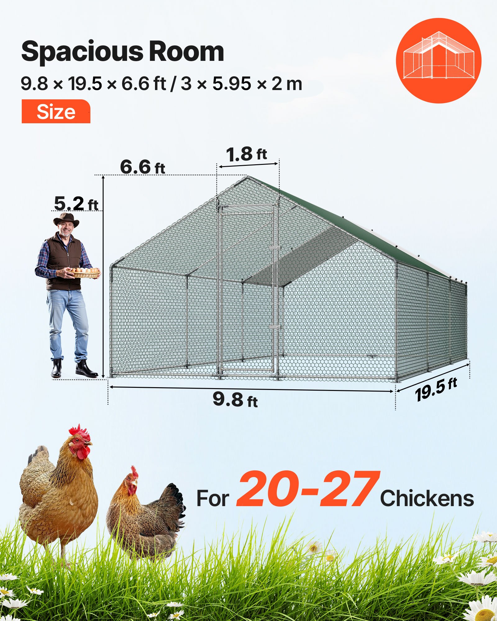 VEVOR Metalowy kurnik 3x5,95x2m z wyjściem na zewnątrz i pokrywą, kurnik z dachem wieżowym i zamkiem zabezpieczającym, klatka dla kaczek i królików, wybieg dla drobiu na podwórko, farmę, podwórko