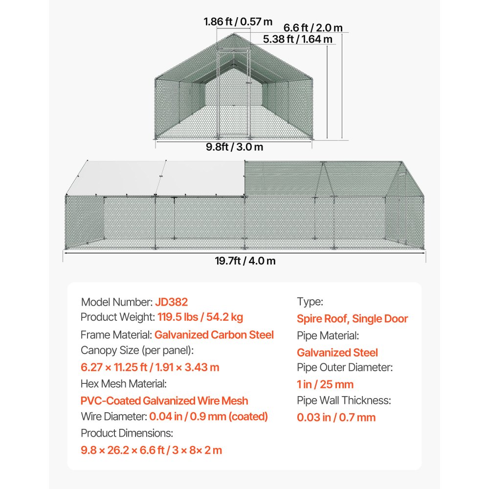 Metalowy kurnik VEVOR, 3x8x2 m, kurnik z osłoną, kurnik z dachem wieżowym i zamkiem zabezpieczającym, klatka dla kaczek i królików, wybieg dla drobiu na podwórko, farmę, podwórko