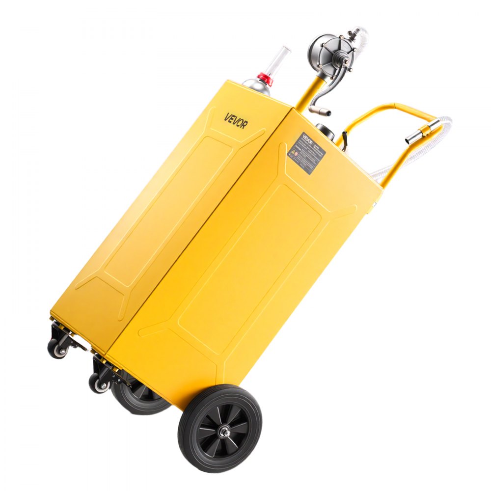 VEVOR 132,5 l Wózek na paliwo Mobilny system tankowania z ręczną pompą, żółty, przenośny zbiornik paliwa do samochodów, kosiarek do trawy, łodzi, z 4 kołami i wskaźnikiem poziomu oleju, do benzyny i oleju napędowego, stal węglowa