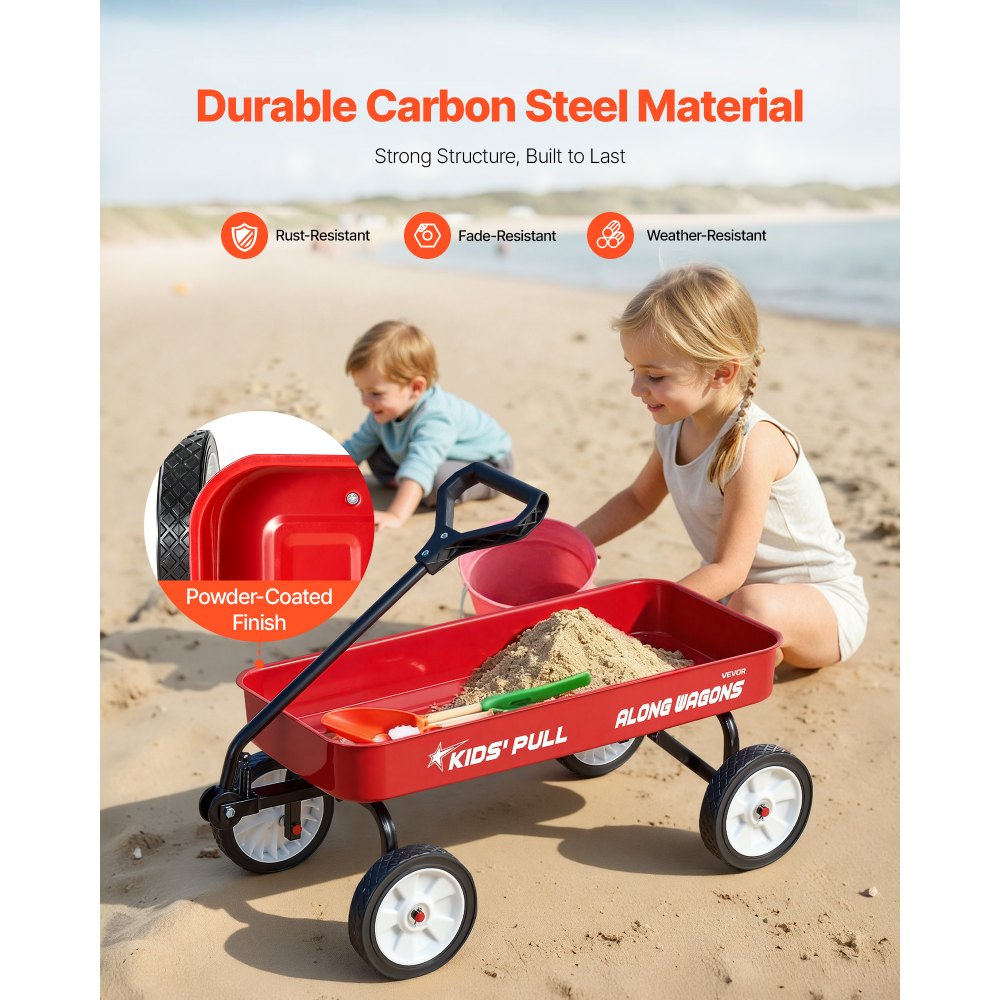 VEVOR Pull-Along Wagon for Kids, 101 cm Toddler Wagons, Supports up to 80kg, All-Terrain Wagons with Handle, Utility Wagon Cart Birthday Present for Kids Gardening Beach Camping, Red