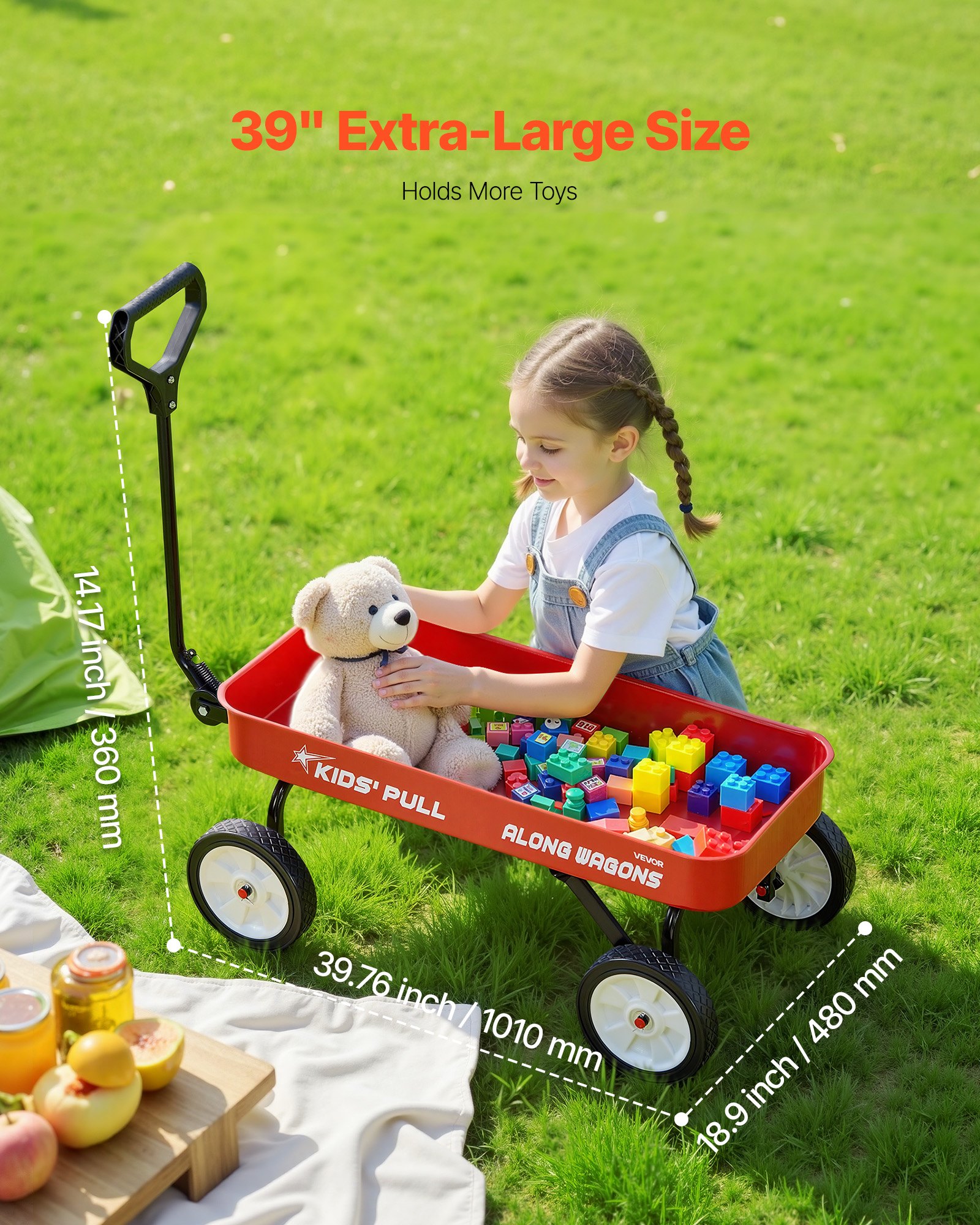 VEVOR Pull-Along Wagon for Kids, 101 cm Toddler Wagons, Supports up to 80kg, All-Terrain Wagons with Handle, Utility Wagon Cart Birthday Present for Kids Gardening Beach Camping, Red