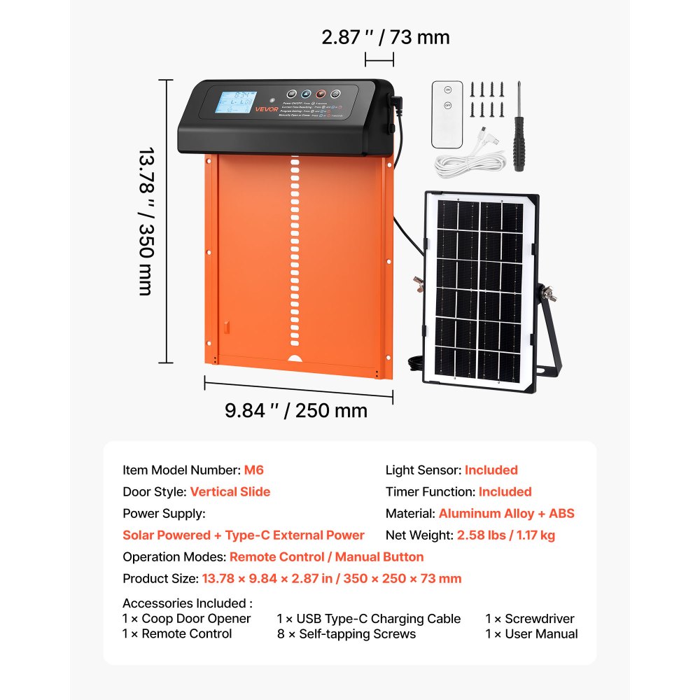 Drzwi do kurnika VEVOR, zasilane energią słoneczną i bateriami, z wyświetlaczem LCD, pilotem, czujnikiem światła i timerem, zabezpieczeniem przed przytrzaśnięciem, aluminiowe drzwi do kurnika, 350 x 250 x 73 mm, kolor pomarańczowy