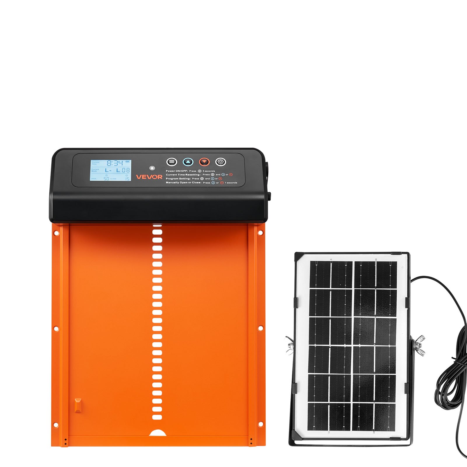 Drzwi do kurnika VEVOR, zasilane energią słoneczną i bateriami, z wyświetlaczem LCD, pilotem, czujnikiem światła i timerem, zabezpieczeniem przed przytrzaśnięciem, aluminiowe drzwi do kurnika, 350 x 250 x 73 mm, kolor pomarańczowy