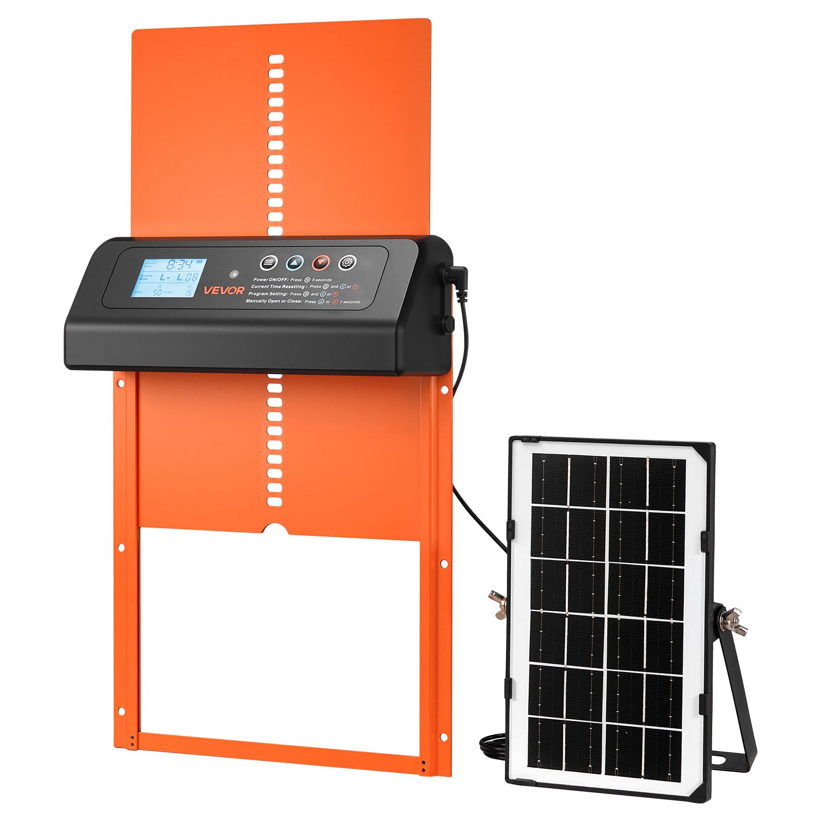 Drzwi do kurnika VEVOR, zasilane energią słoneczną i bateriami, z wyświetlaczem LCD, pilotem, czujnikiem światła i timerem, zabezpieczeniem przed przytrzaśnięciem, aluminiowe drzwi do kurnika, 350 x 250 x 73 mm, kolor pomarańczowy