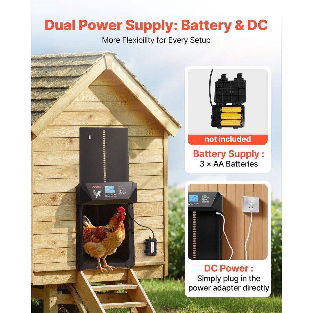 VEVOR Automatic Chicken Coop Door, DC & Battery Powered Chicken Door with LCD Display, Light Sensor, Timer & Manual Setting, Anti-Pinch Security, Durable Aluminum Alloy, Chick Run Gate Opener for Farm