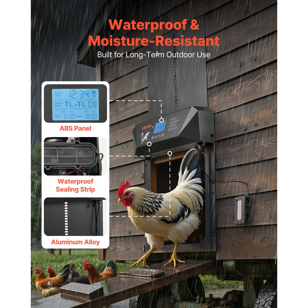 VEVOR Automatic Chicken Coop Door, DC & Battery Powered Chicken Door with LCD Display, Light Sensor, Timer & Manual Setting, Anti-Pinch Security, Durable Aluminum Alloy, Chick Run Gate Opener for Farm