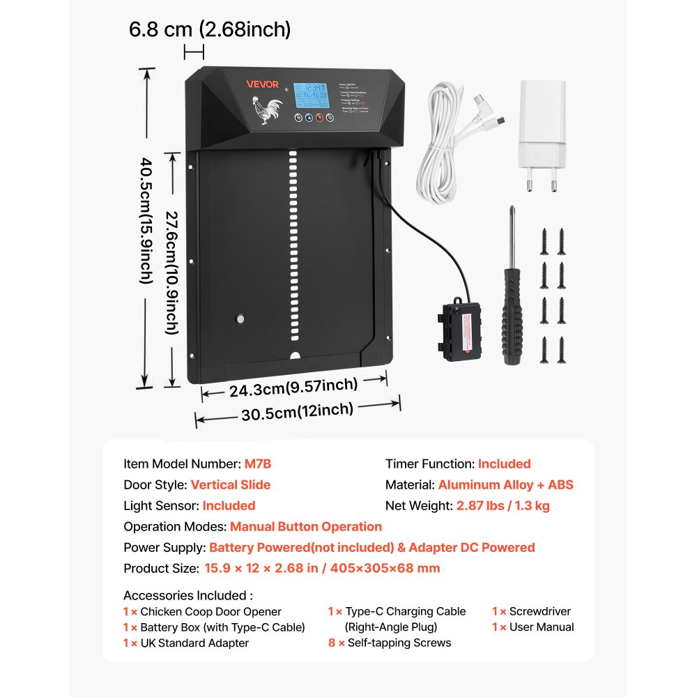 VEVOR Automatyczna klapka dla kurczaków, drzwiczki dla kurczaków z wyświetlaczem LCD, czujnikiem światła, timerem, regulacją ręczną, zabezpieczeniem przed przytrzaśnięciem, drzwi do kurnika, otwieracz bramy dla kurników na fermę, 405 x 330 x 85 mm