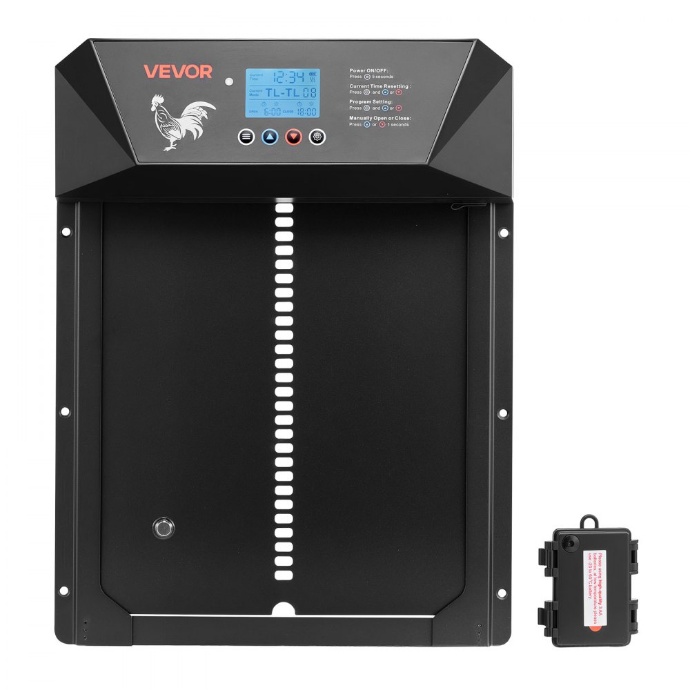 VEVOR Automatyczna klapka dla kurczaków, drzwiczki dla kurczaków z wyświetlaczem LCD, czujnikiem światła, timerem, regulacją ręczną, zabezpieczeniem przed przytrzaśnięciem, drzwi do kurnika, otwieracz bramy dla kurników na fermę, 405 x 330 x 85 mm