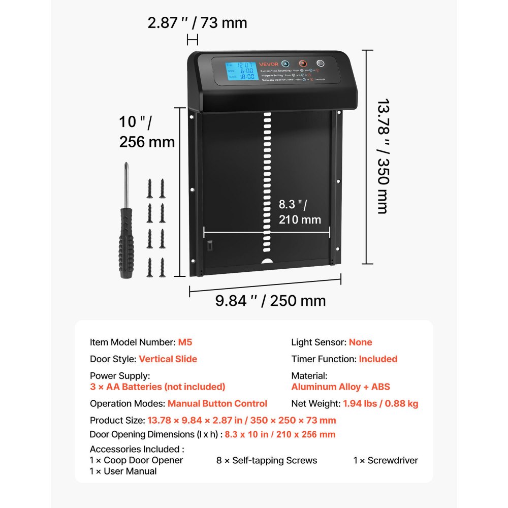 VEVOR Automatic Chicken Coop Door, Battery Powered Chicken Coop Door with Timer & Manual Setting, Anti-Pinch Security, Durable Aluminum Alloy, Auto Chick Run Gate Opener with Waterproof Sealing, Black