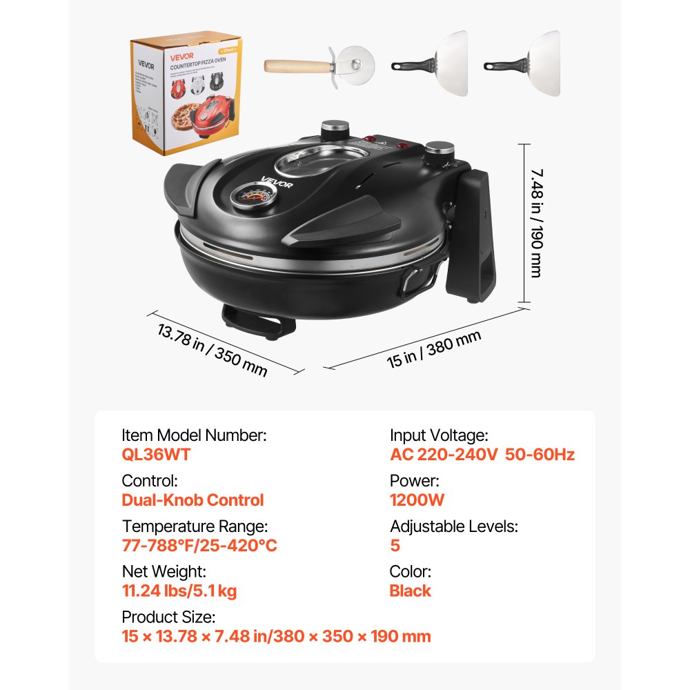 Piec elektryczny do pizzy VEVOR, 1200 W, z kamieniem kordierytowym, 5-stopniowa regulacja temperatury, okienko do precyzyjnego pieczenia, nagrzewa się do 420°C, piekarnik domowy, czarny