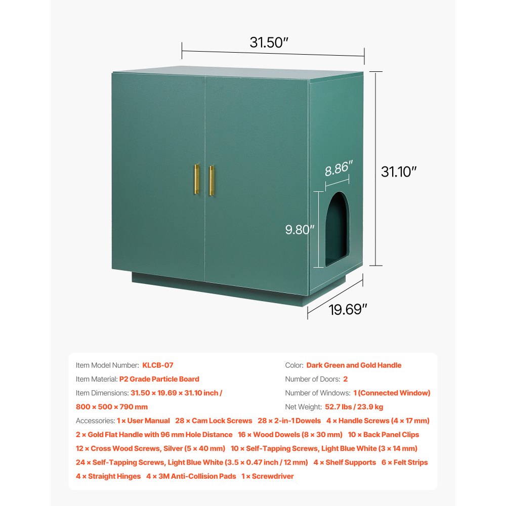 Szafka na kuwetę dla kota VEVOR, 800x500x790 mm, drewniana komoda dla kota z otworami wentylacyjnymi, mebel do domku dla kota z podwójnymi drzwiami, stolik boczny, pasuje do większości kuwet dla kotów