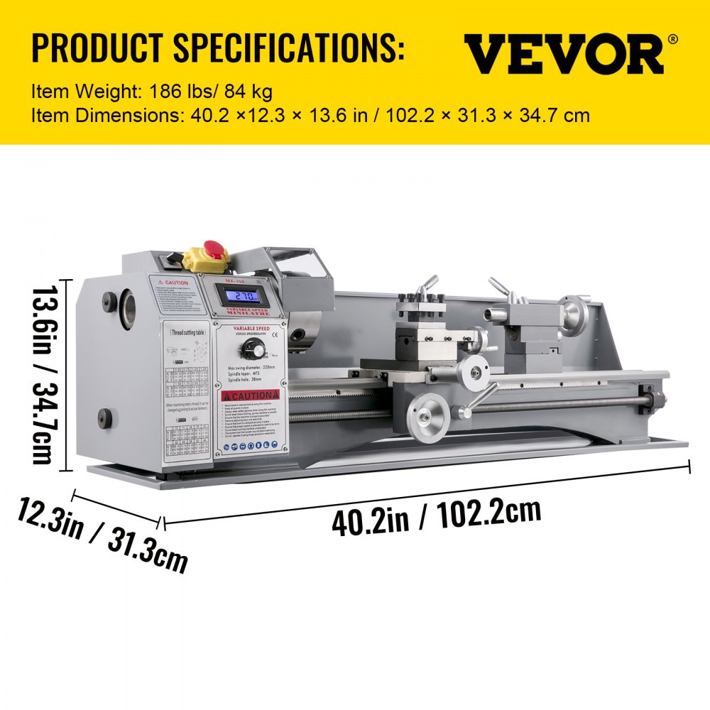 VEVOR Tokarki do metalu Mini tokarka 220x750mm Tokarka do metalu 1100 W Mini tokarka do drewna do obróbki metalu Tokarka do metalu Precyzyjna Łatwa w użyciu