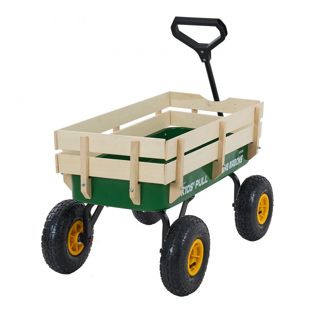 Wózek dziecięcy VEVOR, 102 cm, wózek transportowy z uchwytem, ​​wykonany z drewna i metalu, maks. ładowność 150 kg, idealny dla dzieci w wieku od 5 lat, do ogrodu, na wycieczki i na plażę, w kolorze zielono-żółtym