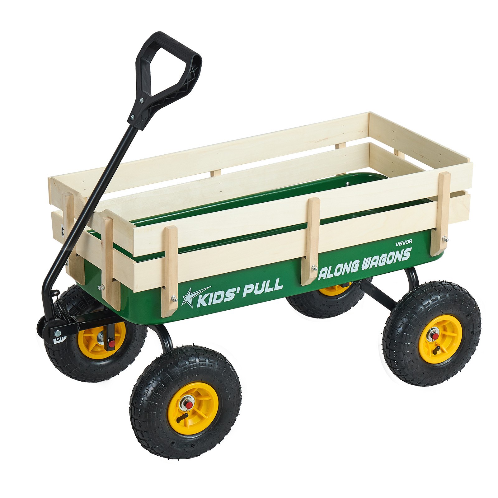 Wózek dziecięcy VEVOR, 102 cm, wózek transportowy z uchwytem, ​​wykonany z drewna i metalu, maks. ładowność 150 kg, idealny dla dzieci w wieku od 5 lat, do ogrodu, na wycieczki i na plażę, w kolorze zielono-żółtym