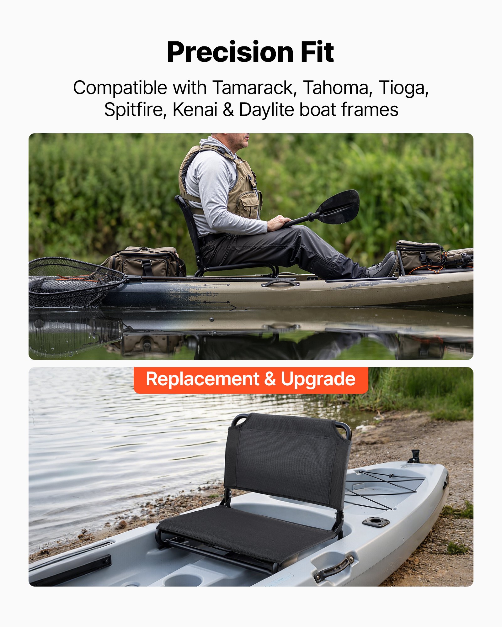 VEVOR 1 x Siedzisko kajakowe o grubości 2 cm, metalowe siedzisko wymienne do łodzi (ulepszone i składane) do Tamarack Tahoma Tioga Spitfire Kenai Daylite, odpowiednie do kajaków typu sit-on-top, wędkarskich, pneumatycznych i łodzi wiosłowych
