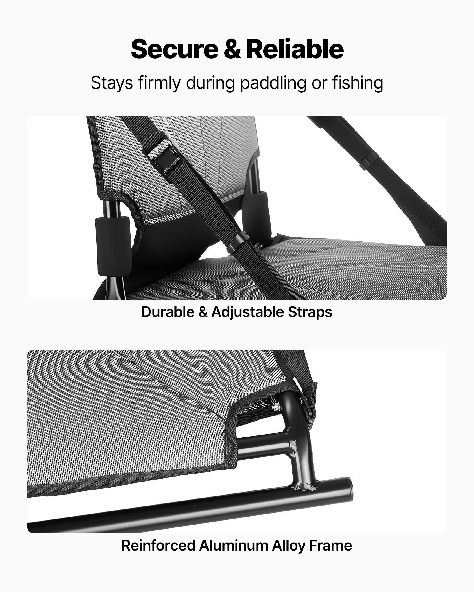 VEVOR Kayak Seat, 1 Pack 34 mm Raised Height, Universal Foldable Canoe Seat with Adjustable Back Support, Adjustable Straps, and Aluminum Alloy Frame for Sit-on-Top/Fishing/Inflatable Kayaks & Canoes