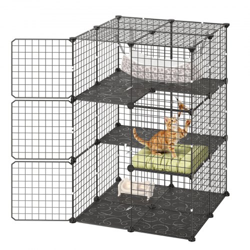 VEVOR 3-piętrowa klatka dla kota, klatka dla zwierząt, 71,1 x 71,1 x 104,1 cm, samodzielnie wykonany kojec dla kota z hamakiem, wyjmowana metalowa klatka druciana do użytku w pomieszczeniach, idealna dla 1-2 kotów, małe zwierzęta, czarna