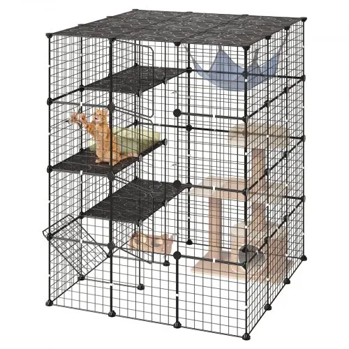Klatka dla kota VEVOR, 4-piętrowy kojec, 104,1 x 104,1 x 139,7 cm, samodzielnie wykonany kojec dla kota, odpinana metalowa klatka z 4 drzwiami, idealna dla 2-3 kotów, kociąt i małych zwierząt, czarna
