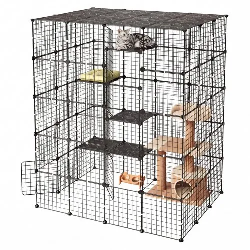 Klatka dla kota VEVOR, 5-piętrowy kojec, 139,7 x 104,1 x 175,2 cm, samodzielnie wykonany kojec dla kota, odpinana metalowa klatka z 5 drzwiami, idealna dla 2-3 kotów i małych zwierząt, czarna