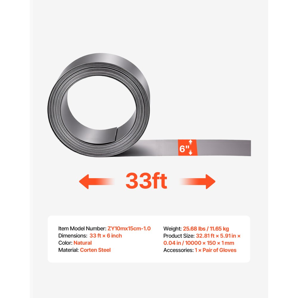 VEVOR Obrzeże trawnikowe ze stali Corten, 10 m x 15 cm, obrzeże rabatowe wraz z rękawicami, metalowa palisada ogrodowa, obrzeże do koszenia, obrzeże rabat do projektowania ogrodów, obrzeże do klombów i ścieżek ogrodowych