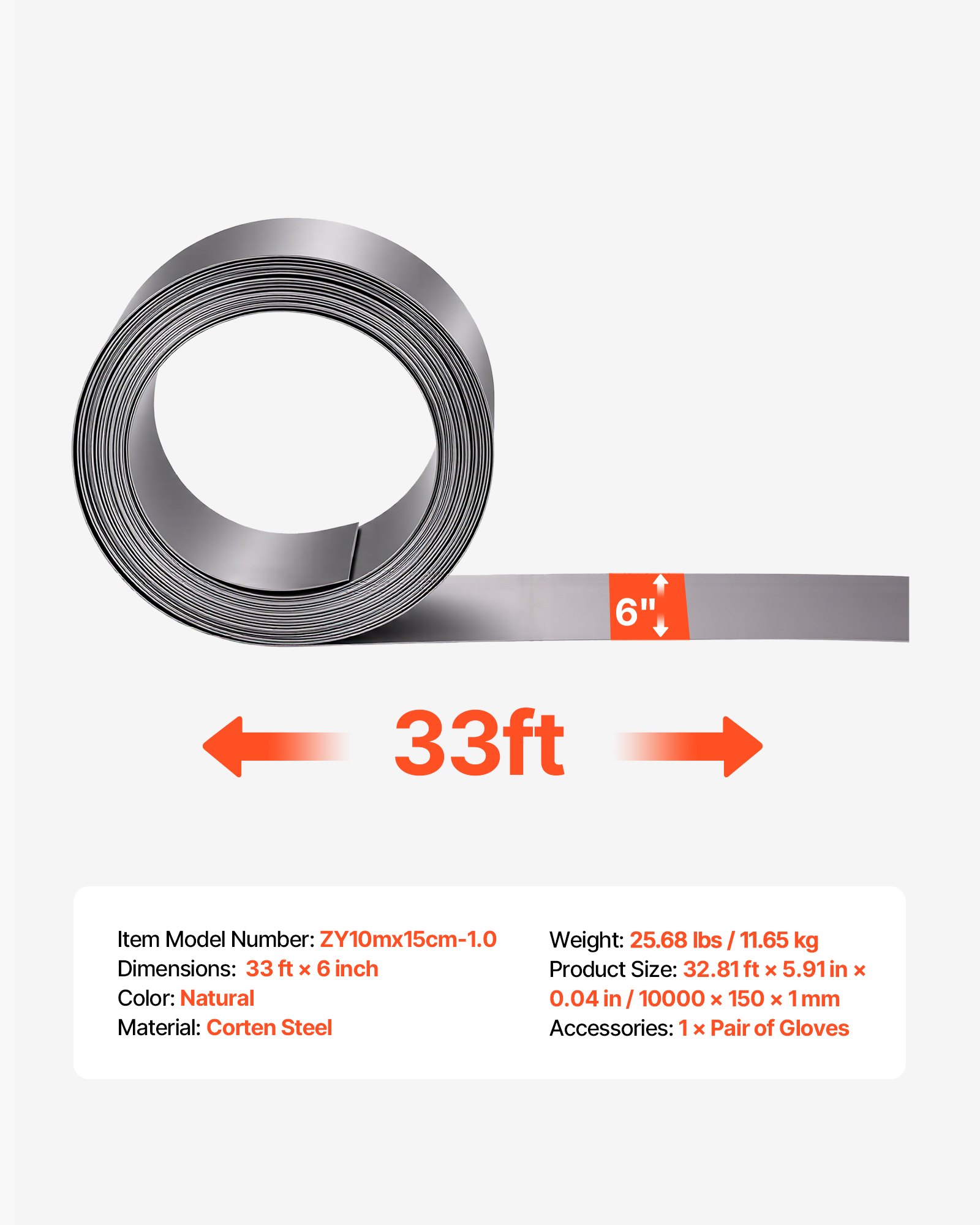 VEVOR Obrzeże trawnikowe ze stali Corten, 10 m x 15 cm, obrzeże rabatowe wraz z rękawicami, metalowa palisada ogrodowa, obrzeże do koszenia, obrzeże rabat do projektowania ogrodów, obrzeże do klombów i ścieżek ogrodowych