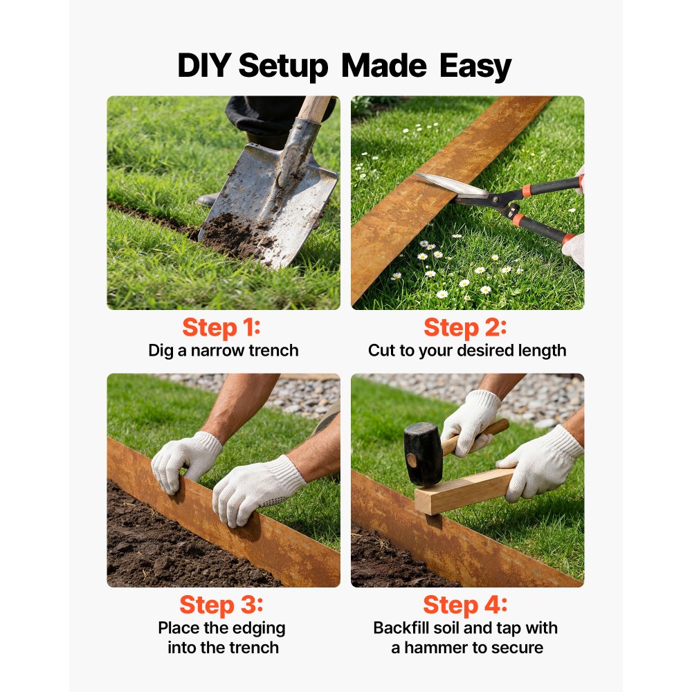 VEVOR Obrzeże trawnikowe ze stali węglowej, 10 m x 14 cm, obrzeże rabatowe z rękawicami, metalowa palisada ogrodowa, obrzeże do koszenia, obrzeże rabat do projektowania ogrodów, obrzeże rabat kwiatowych i ścieżek ogrodowych